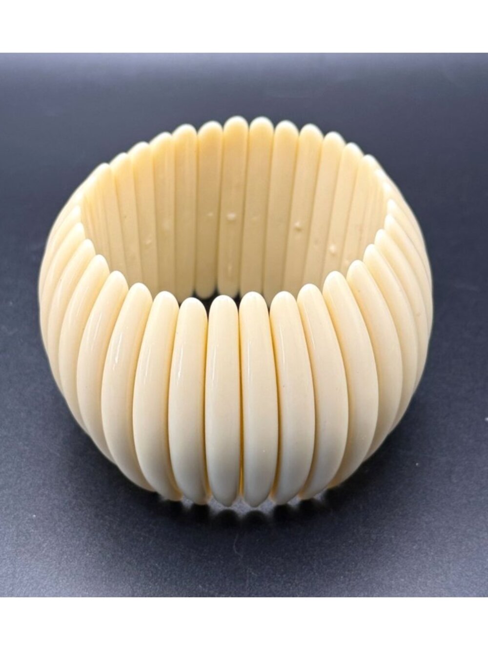 Ivory Stretch Bracelet Wide Ribbed Plastic Expansion Bangle Statement Jewelry